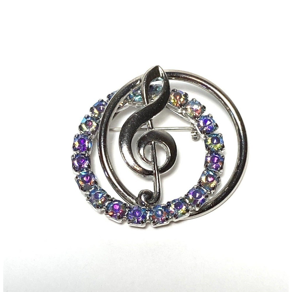 Brooch Treble Clef Stylized Silver Tone Aurora Borealis AB Crystals Art Deco